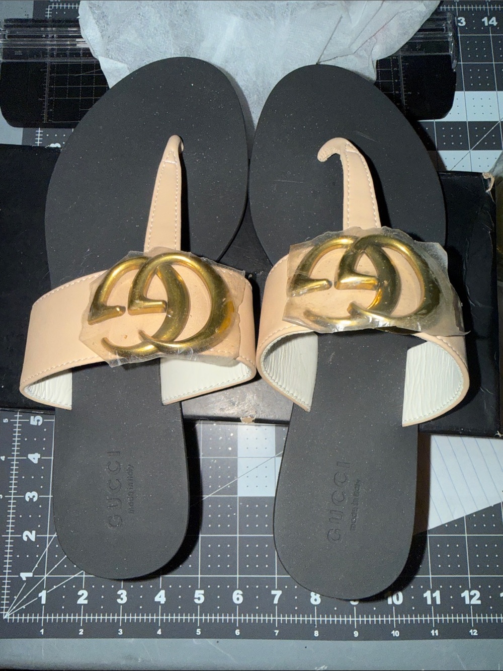 Gucci Beige Leather Slide Sandals with Gold Double G